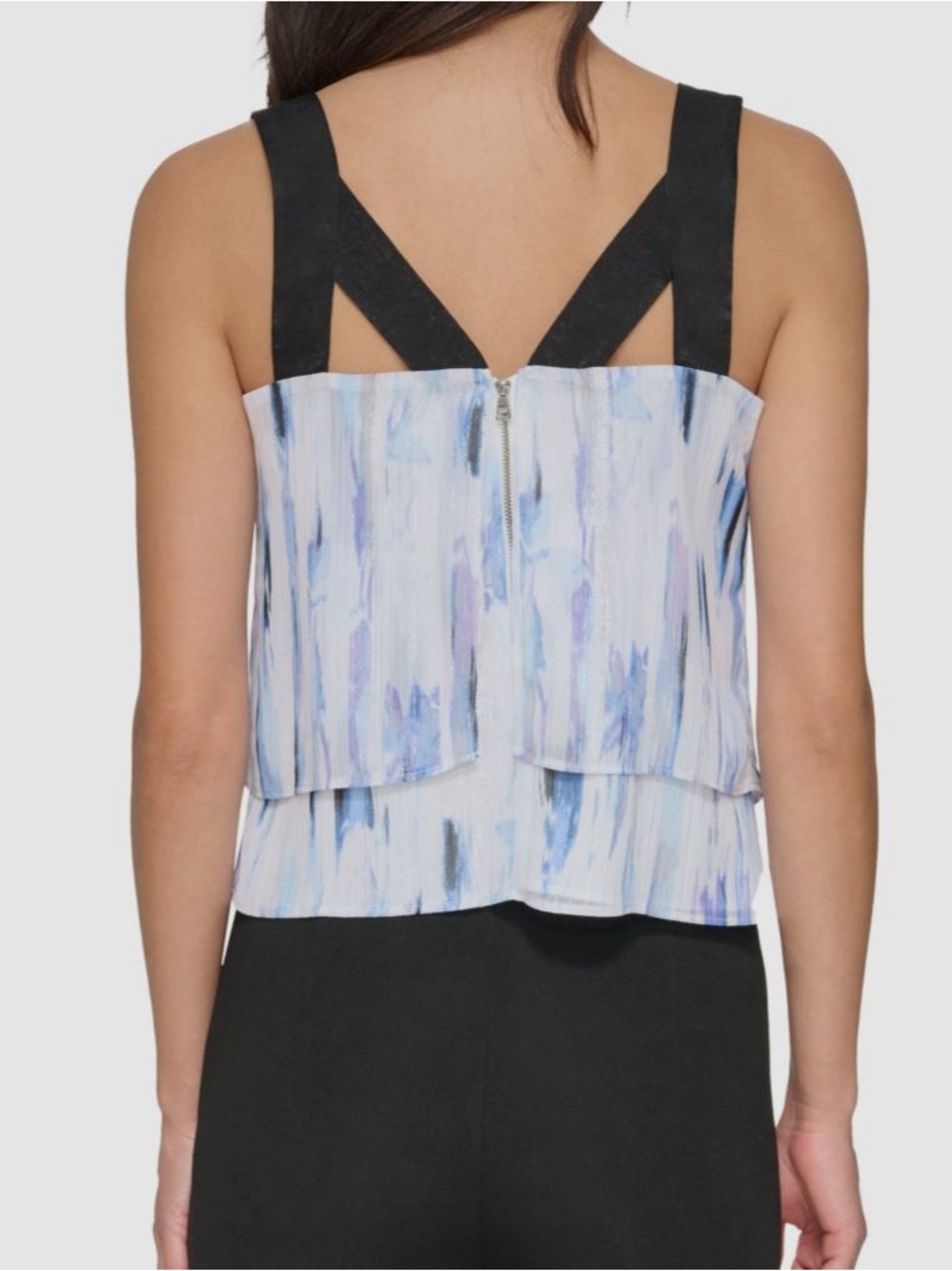 DKNY Women’s Size M Blue/White Abstract Chiffon Tank Cami Square Neck Zip - Picture 2 of 7
